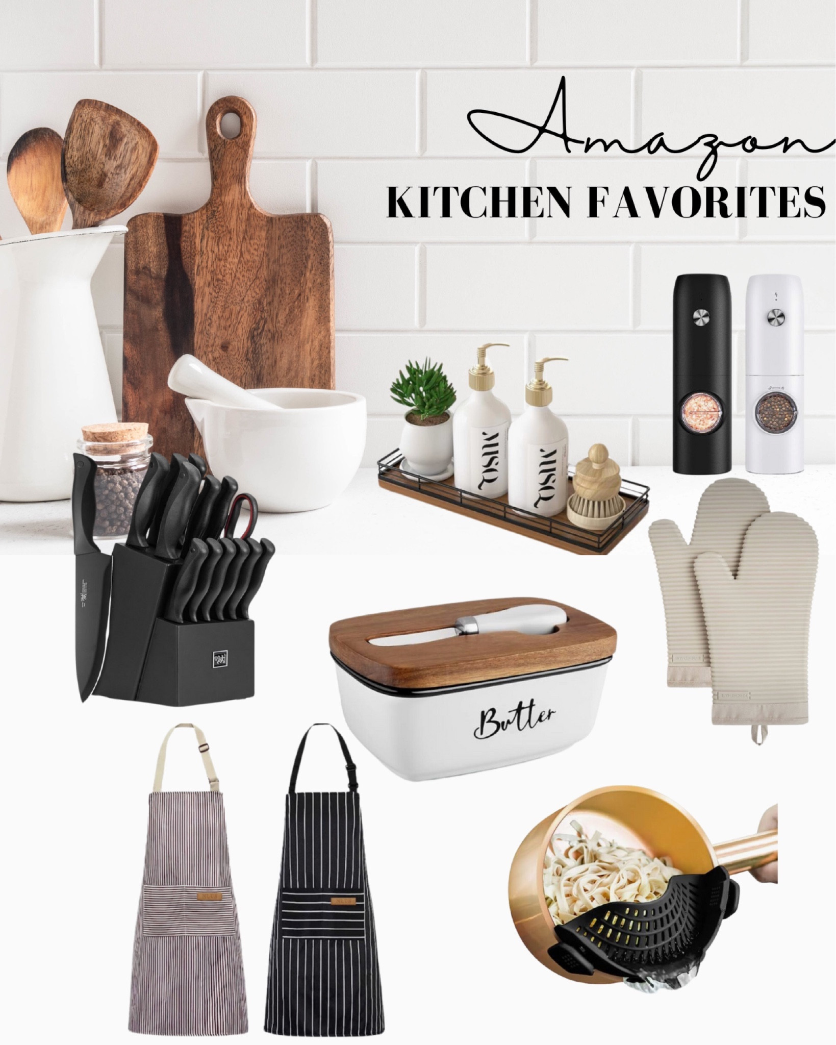 Kitchen favorites, essentials, home essentials, aprons, soap caddy, salt and pepper dispenser, butter container, kitchen utensils, knives set, amazon kitchen

#LTKhome