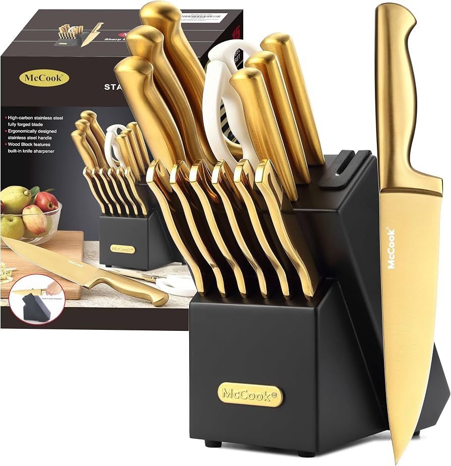 McCook\u00ae Knife Sets, Golden Titanium Stainless Steel Kitchen Knife Block Sets with Built-in S... | Amazon (US)