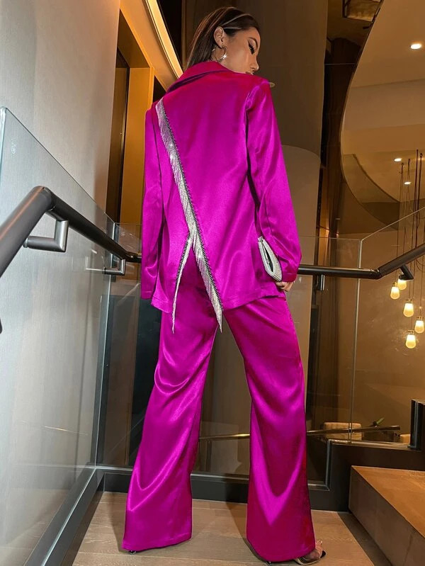 SHEIN BAE Fringe Trim Split Back Single Breasted Blazer & Pants | SHEIN