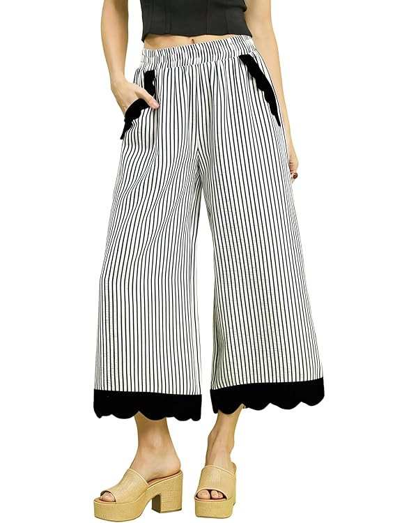 Faleave Women's Striped Wide Leg Cropped Pants Elastic Waist Scalloped Hem Casual Trousers with P... | Amazon (US)