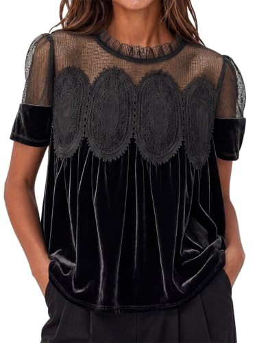 Cicy Bell Womens Velvet Lace Tops Babydoll Puff Short Sleeve Peplum Blouse | Amazon (US)