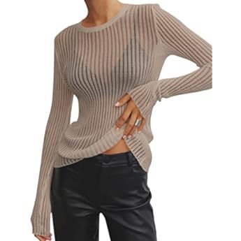 Women Mesh Knitted See Through Tshirt Short Sleeve Crew Neck Striped Solid Sheer Summer Sweater S... | Amazon (US)