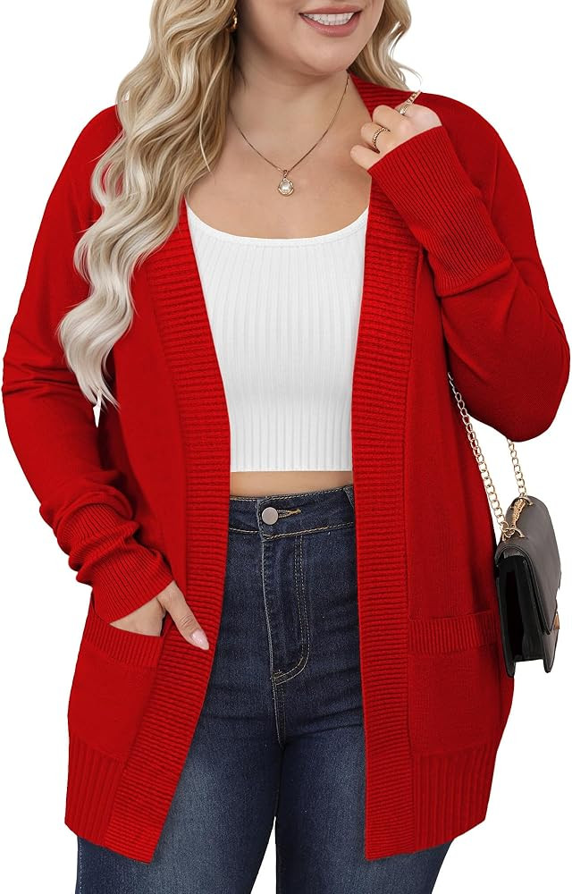 Women's Plus Size Cardigan Open Front Casual Long Sleeve Knit Sweaters with Pockets 2025 Lightwei... | Amazon (US)