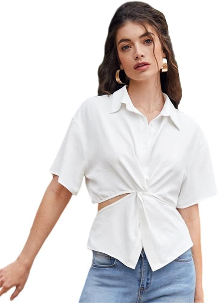 Milumia Women's Twist Front Cut Out Blouse Top Button Front Short Sleeve Collared Shirt Top | Amazon (US)