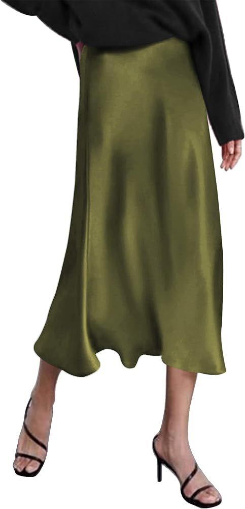 Zeagoo Womens Satin Skirts Casual Silk Midi Skirt High Waisted Long Skirts Zipper Elegant Work Sk... | Amazon (US)