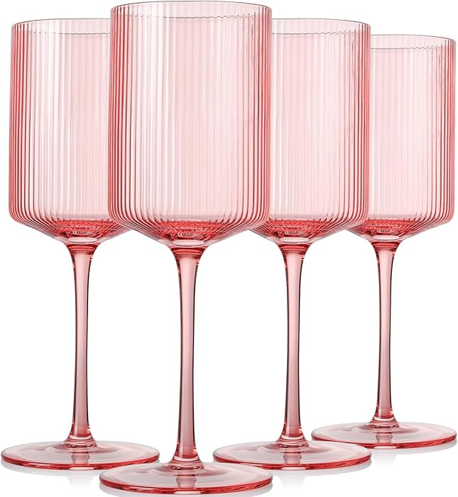 Square Pink Wine Glasses Set of 4 – 15oz Red or White Glasses on Long Stem, Hand Blown Ribbed D... | Amazon (CA)