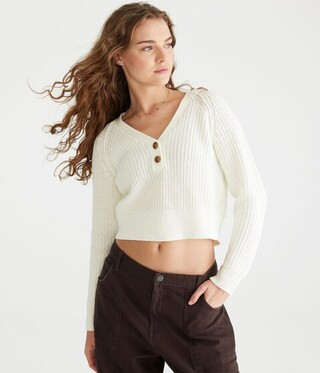 Ribbed Cropped V-Neck Henley Sweater | Aeropostale