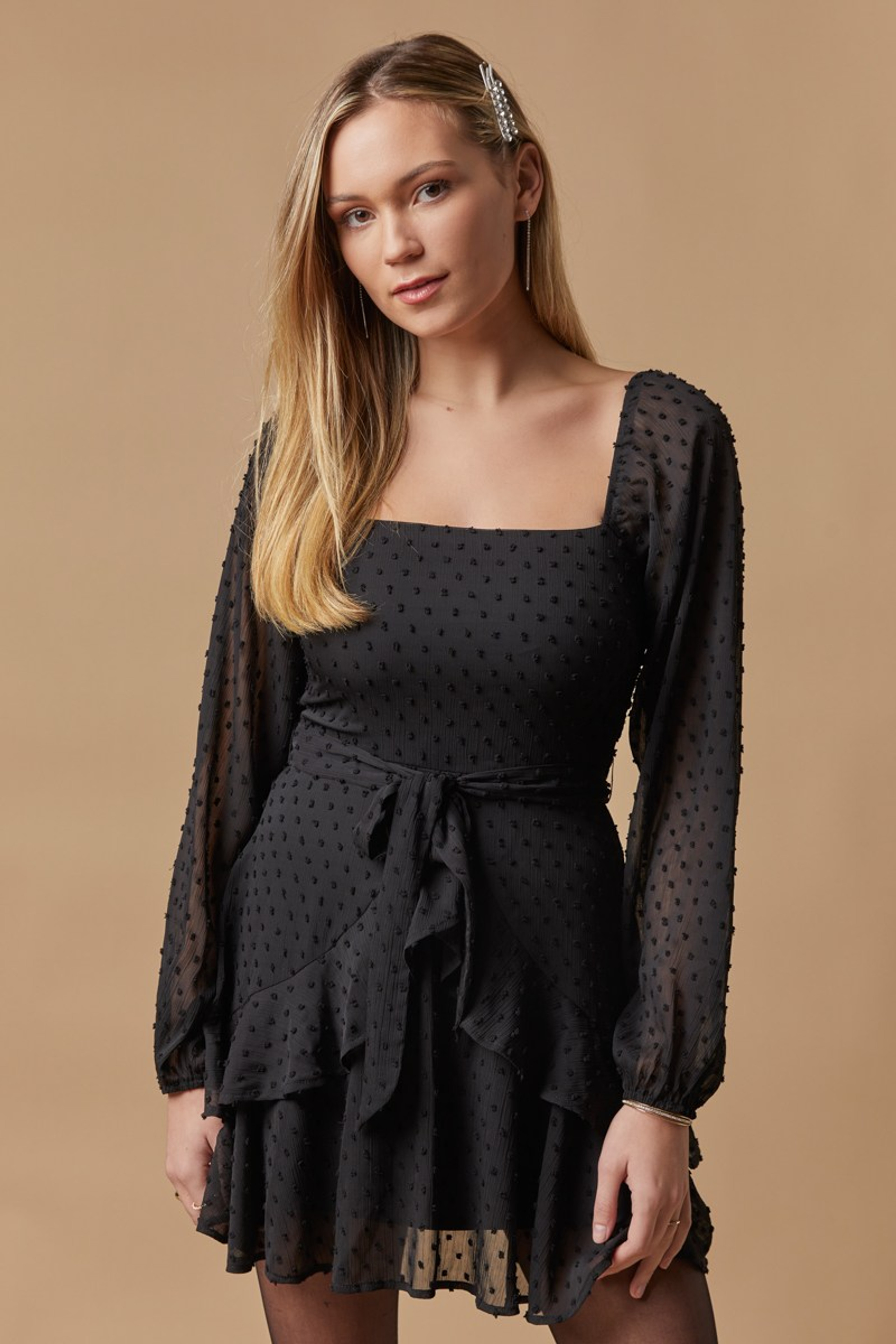 Kaitie Ruffle Swiss Dot Mini Dress | Francesca's