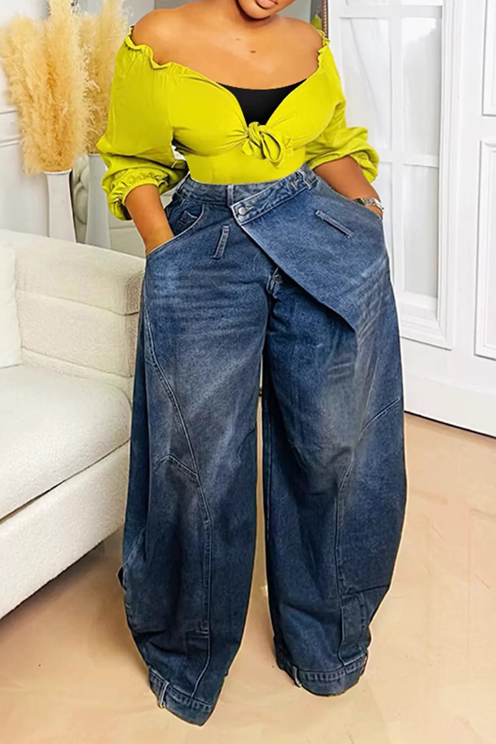 Beauty World Shop Women Loose Denim Jeans Pants Asymmetric Button Pocket Washed Casual Harajuku High Street Grunge Denim Trouders Jeans for Women - Blue / S | Shop.app