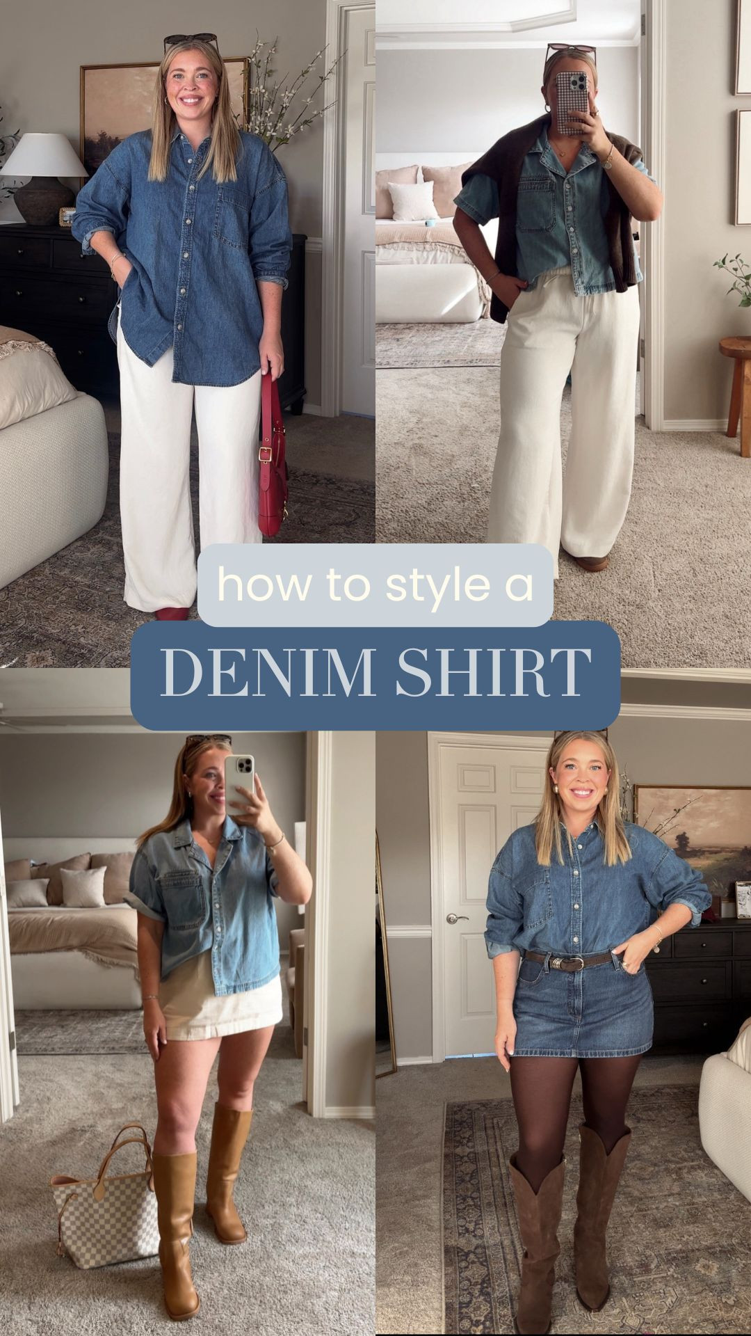 How to style a Denim Shirt 💙 Wearing a large in the aritzia one and a medium in the target short sleeve one, its very oversized. Also linked a few other options and the rest of the items from the outfits!! 

Size 10/12 | Large | 5'4" 

 #LTKMidsize #LTKFindsUnder100 #LTKStyleTip
