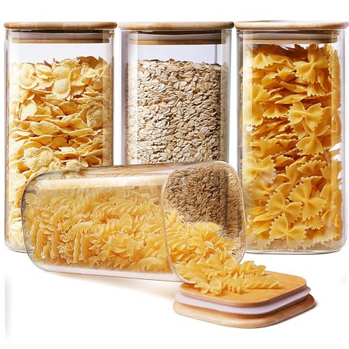 HomArtist Square Glass Jars with Bamboo Lids 53 FL OZ [Set of 4], Glass Canisters with Airtight Lid, Glass Food Storage Containers for Pasta, Cereal, Coffee, Flour, Sugar, Best for Kitchen & Pantry | Amazon (US)