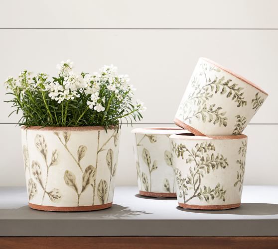 Hand Painted Green Leaf Printed Ceramic Planters | Pottery Barn (US)
