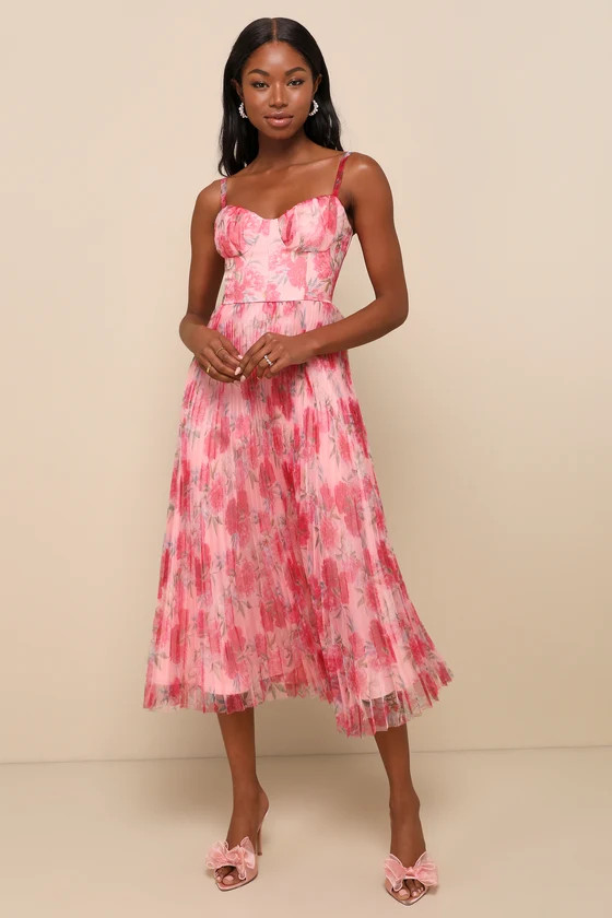 Alluring Invite Light Pink Floral Pleated Bustier Midi Dress | Lulus