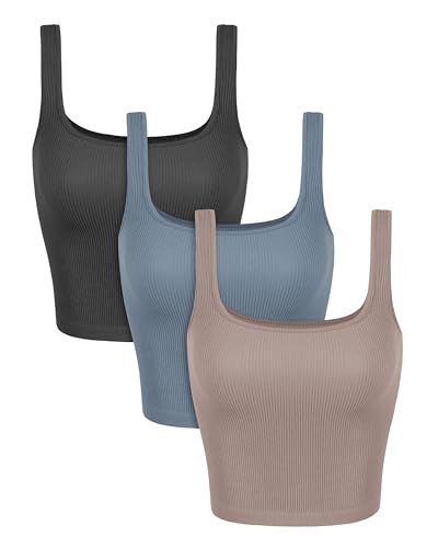 ODODOS 3-Pack Seamless Square Neck Tank for Women Ribbed Knit Soft Low Back Sleeveless Tops, Waist Length, Charcoal+Dusty Blue+Bark, Medium/Large | Amazon (US)
