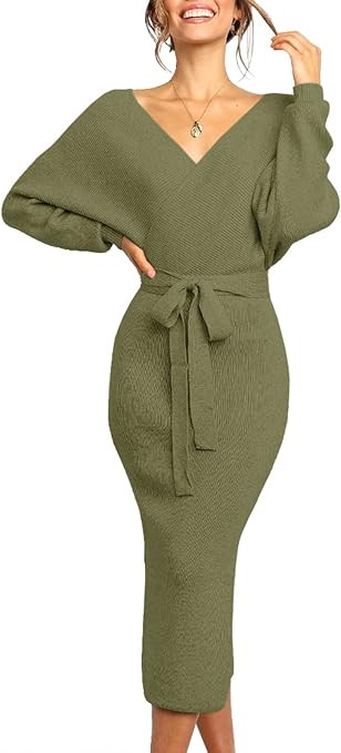 Chang Yun Women's Long Maxi Sweater Dresses Sexy Wrap Batwing V Neck Slit Open Back Holiday Bodyc... | Amazon (US)
