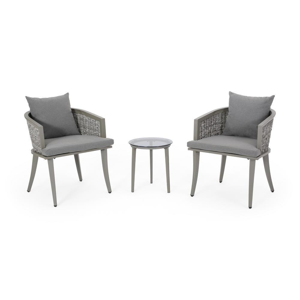 Noble House Pebble Grey 3-Piece Metal Patio Conversation Seating Set with Grey Cushions-70507 - T... | The Home Depot
