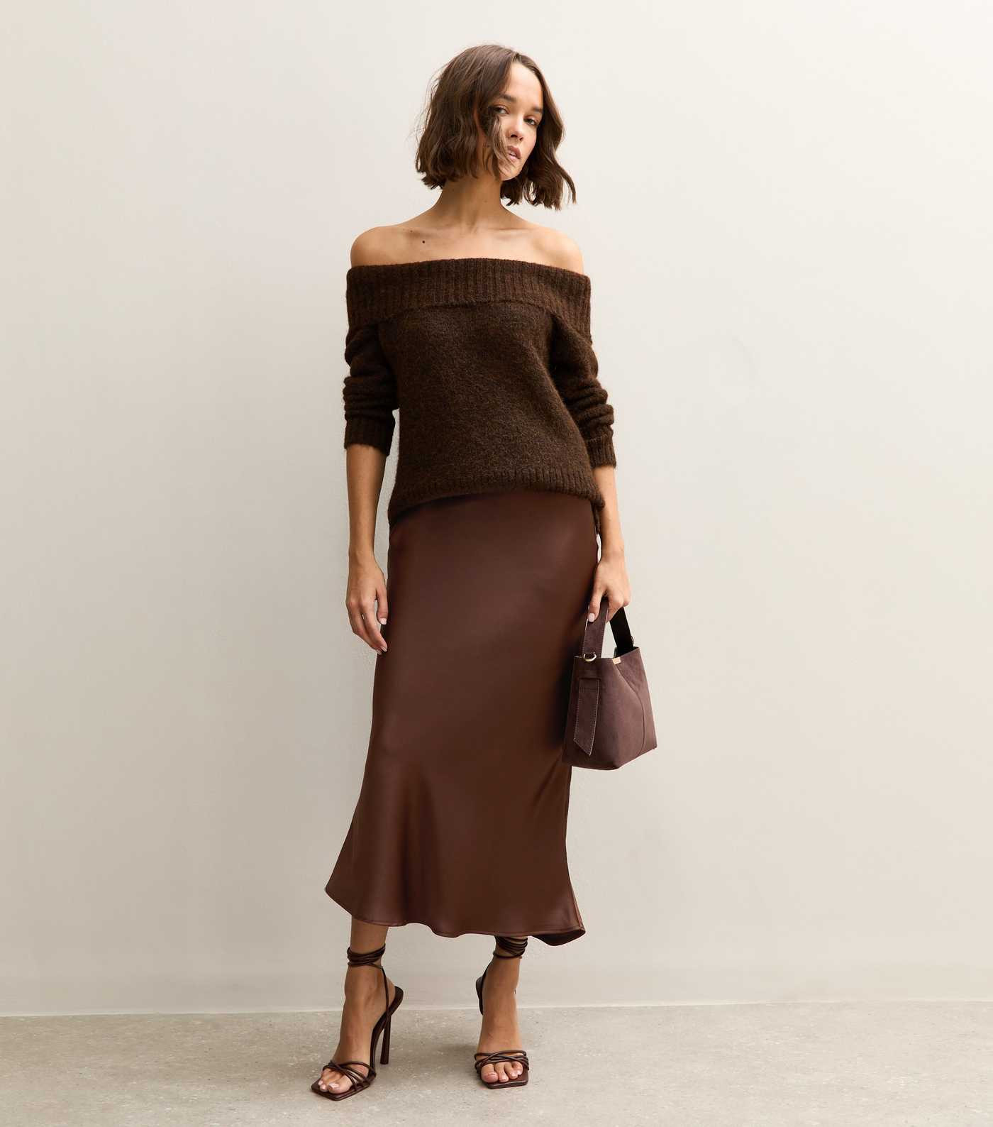 Dark Brown Satin Bias Cut Midi Skirt | New Look | New Look (UK)