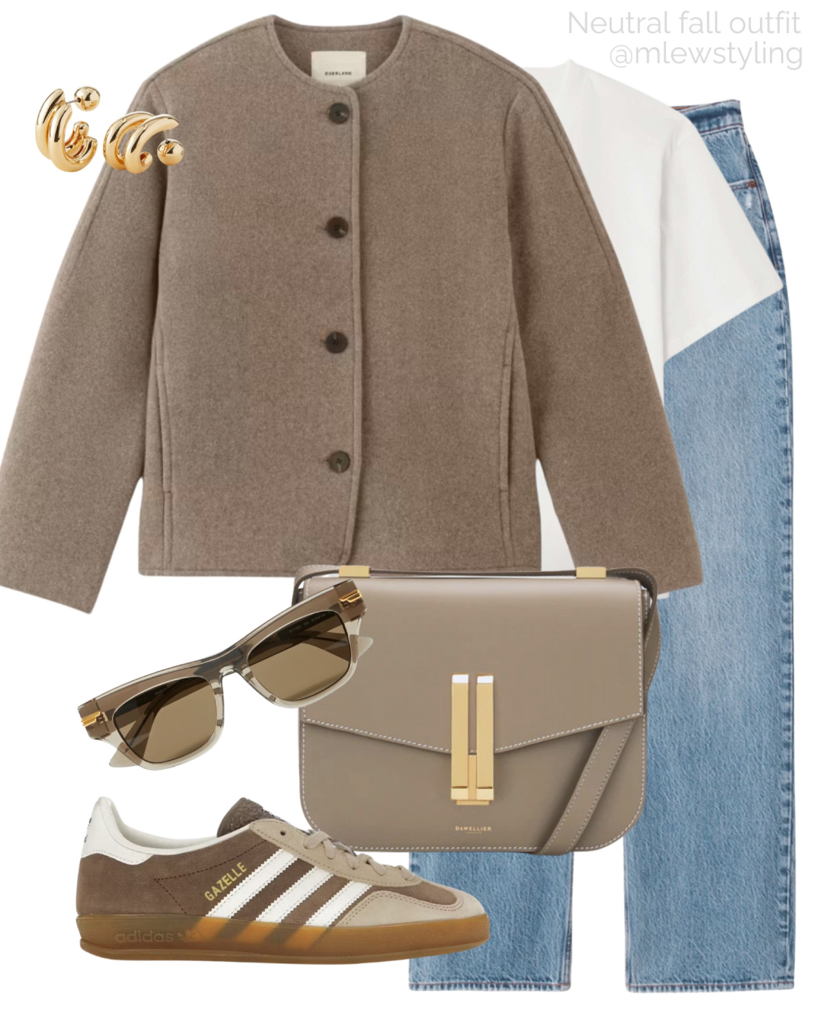 Neutral fall outfit with a taupe wool jacket, white t-shirt, wide jeans, and brown adidas gazelles 🤎

Tags: fall fashion, neutral aesthetic, trending sneakers, DeMellier shoulder bag, bottega sunglasses, Jenny bird gold earring, weekend outfit, everyday look, autumn outfitt

#LTKStyleTip #LTKShoeCrush #LTKItBag