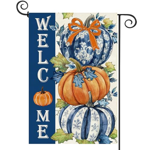 Baccessor Fall Welcome Pumpkin Garden Flag 12.5x18 Inch Double Sided,Autumn Thanksgiving Day Blue and White Porcelain Outside Outdoor Seasonal Burlap Small Flags Home Lawn Yard Patio Decoration | Amazon (US)