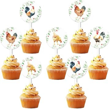 Chicken Party Decorations, 24pcs Watercolor Chicken Theme Cupcake Toppers Double-sided Printing C... | Amazon (US)