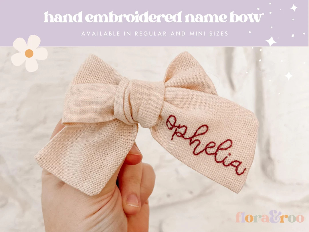Hand Embroidered Name Bow FOUR NEW COLORS Regular Mini - Etsy | Etsy (US)