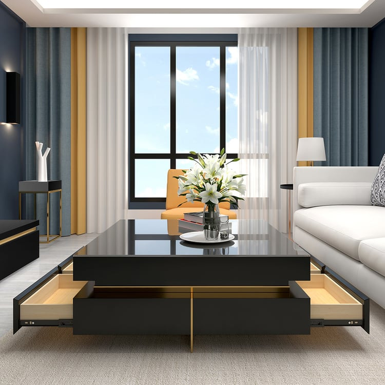 Square Modern Coffee Table, Tempered Glass Black Table with Drawers for Living Room (43.3")｜Hom... | Homary
