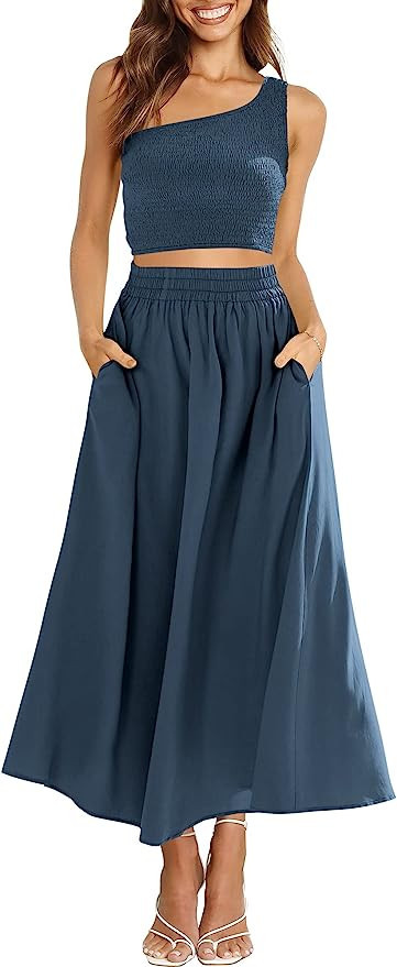 ANRABESS Women's 2 Pieces Outfits One Shoulder Smocked Crop Top & High Waist Long Skirt Dress Set... | Amazon (US)