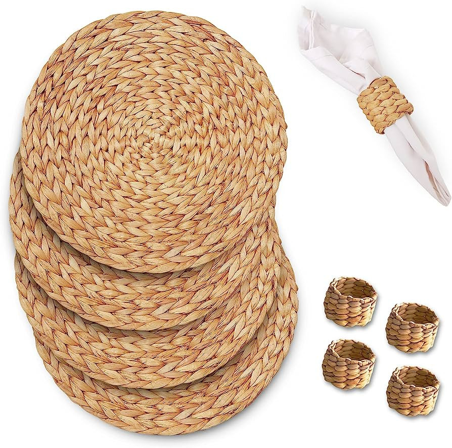 Lilys Round Woven Placemats with Napkin Rings (Set of 4, 15 inch) Large Non-Slip Handmade Rattan ... | Amazon (US)