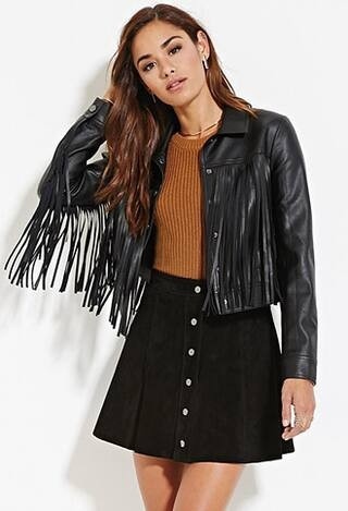 FOREVER21 Women's  Black Fringed Faux Leather Jacket | Forever 21 (US)