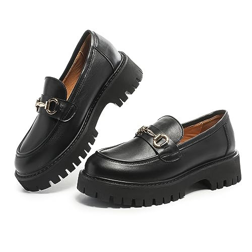 MACNMEUU Chunky Platform Loafers for Women With Lug Sole, Slip-On Round Toe Cold Chain, Size 10 | Amazon (US)