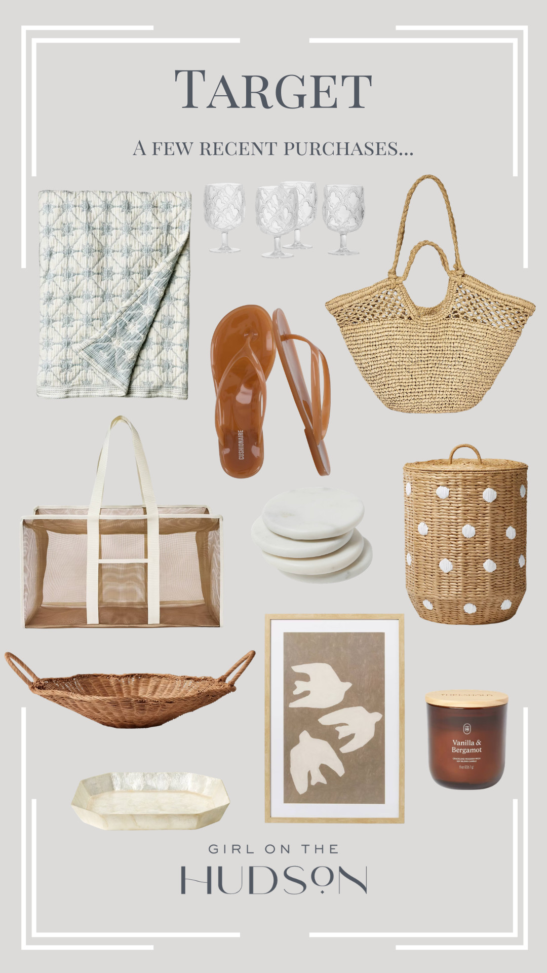 Recent Target purchases! 

A mesh pool bag to hold all of the things and the perfect straw beach bag for vacation. Jelly lip lops that are SO CUTE, art that won't break the bank, a giant woven tray, the prettiest capiz bathroom dish, a good smelling candle and a toy basket for the kids!  

 #LTKmomlife #LTKSeasonal #LTKHome