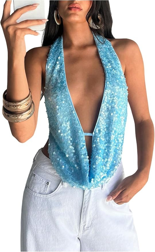 MakeMeChic Women's Sequin Open Back Halter Tops Sparkly Deep V Neck Draped Party Tank | Amazon (US)