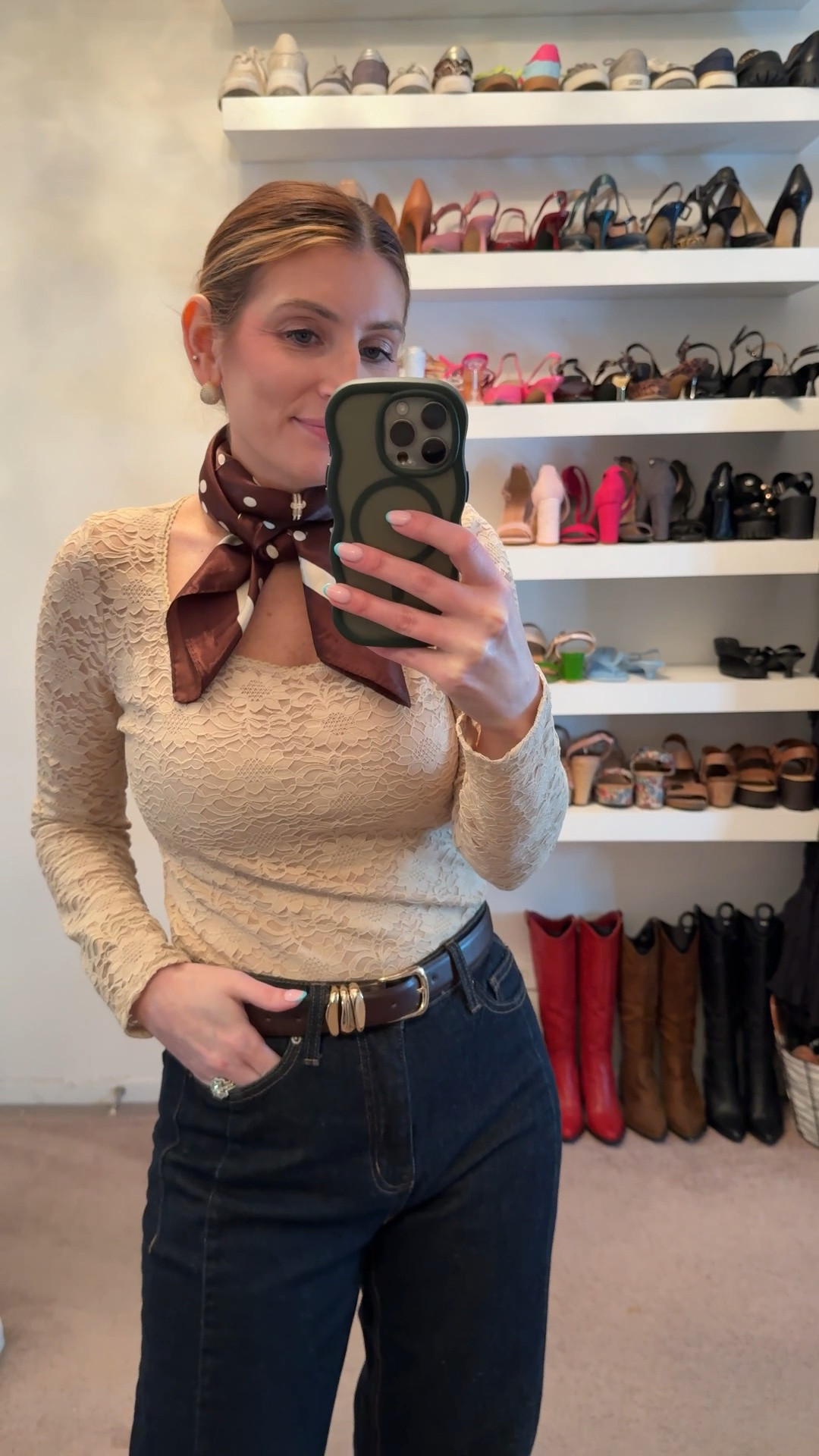 What I wore to work today

Amazon lace long sleeve top (size medium) 
Walmartl barrel leg jeans (size down one, wearing a size 2)
Amazon brown polka dot scarf 

workwear outfit, casual outfit, grey sweater, trendy shoes, spring shoes, summer shoes, casual office look, office look, easy outfit, Spring outfits 2026, how to style a silk scarf

#LTKootd #LTKOver40 #LTKWorkwear