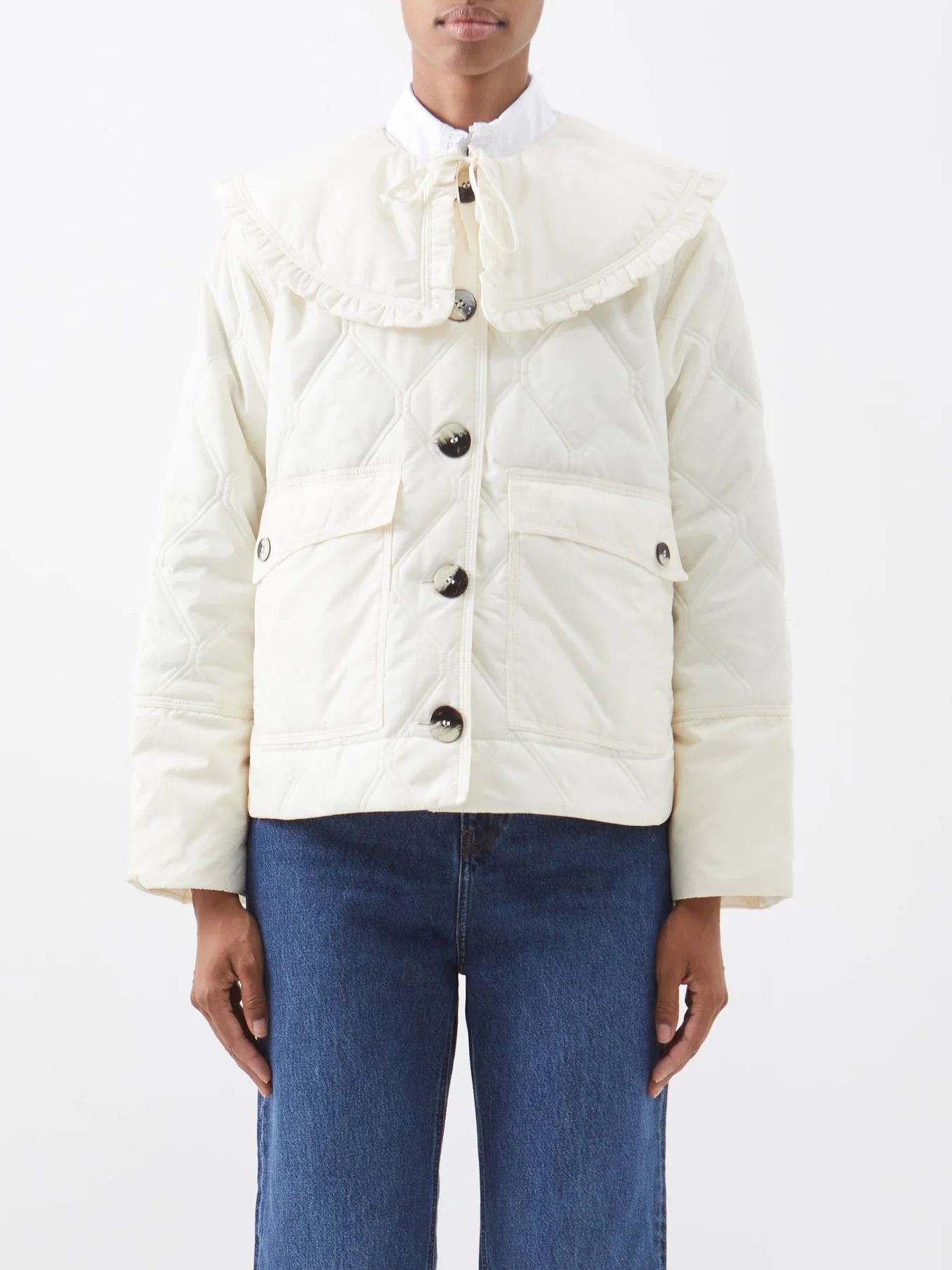 Ruffled-edge quilted recycled-ripstop jacket | Ganni | Matches (US)