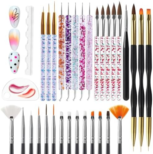 Artdone Nail Dotting Tools 32PCS Double-ended Nail Art Brushes Kit Nail Art Gel Polish Liner Brus... | Amazon (US)