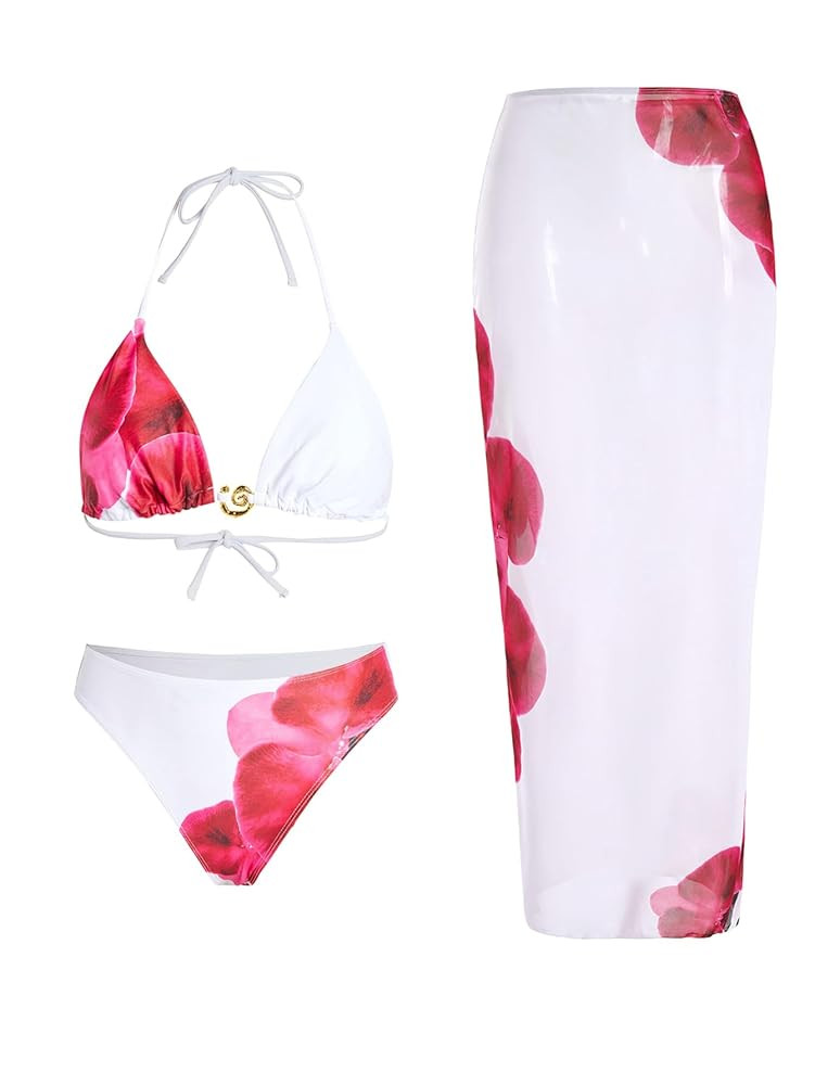 Verdusa Women's 3 Piece Swimsuits Metal Leopard Floral Halter Backless Beach Vacation Bikini Sets... | Amazon (US)