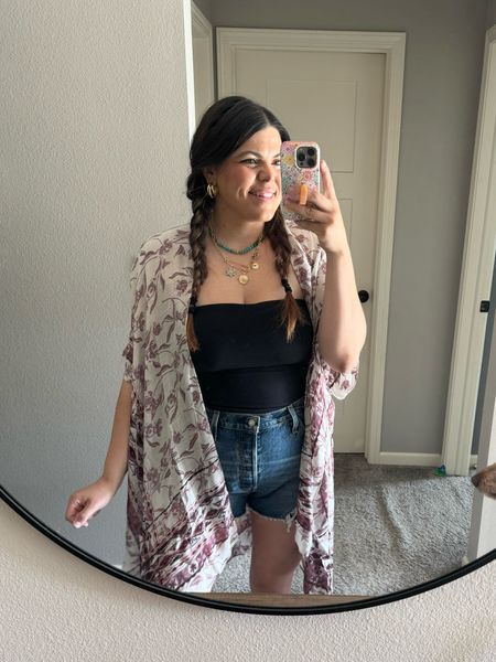 Ootd today! It’s hit in Iowa!!! Levi’s shorts are some of my favs as a thick tummy girly but I size up to 33

The kimono is from Amazon and would be a cute pool cover up too! Strapless top is Amazon, it’s thick and double lined!! 

Gold necklace from Amazon and colorful jewelry from Amazon

Midsize, midsize mom, spring outfit, summer outfit, curvy shorts, denim shorts, kimono, comfortable outfit, casual outfit 

#LTKSaleAlert #LTKFindsUnder50 #LTKMidsize