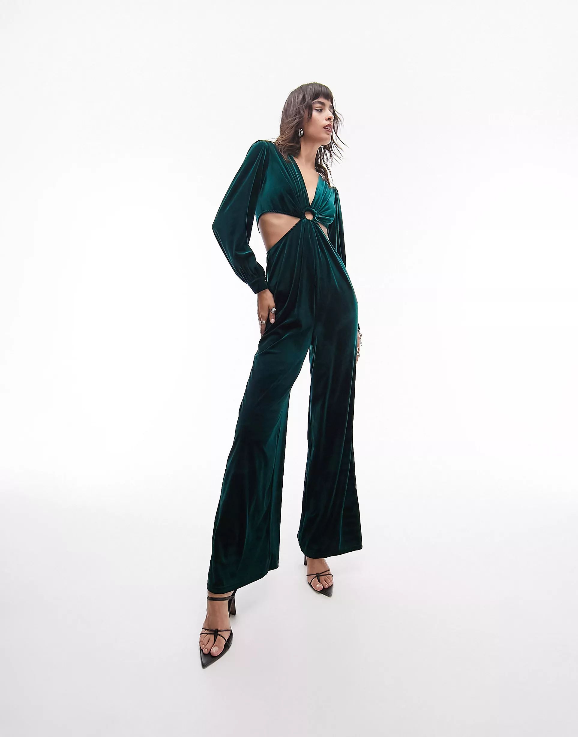 Topshop velvet ring detail cut out jumpsuit in bottle green | ASOS (Global)