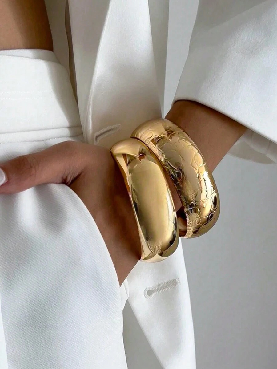 2pcs/Set European & American Exaggerated Metallic Pattern Wide Cuff Bracelet, Retro Minimalist Ch... | SHEIN
