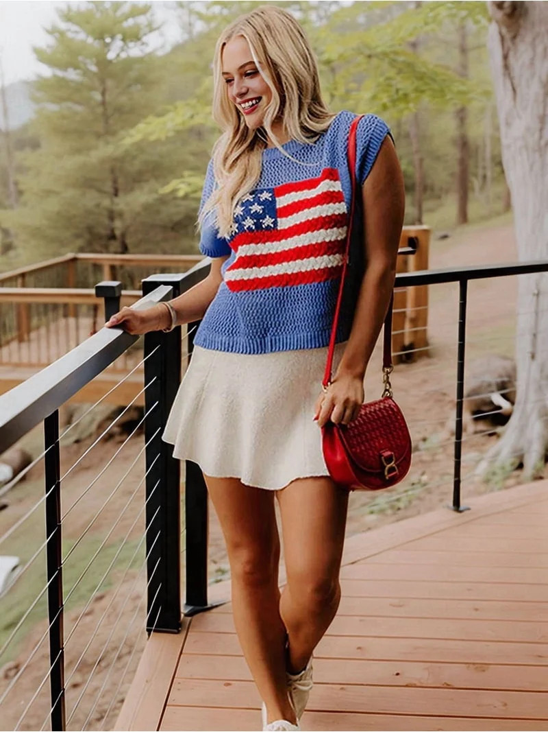 Women'S American Flag Sweater Cap Sleeve Crop Tops Crew Neck Loose Fit Knit Sweater Pullover Top ... | Walmart (US)