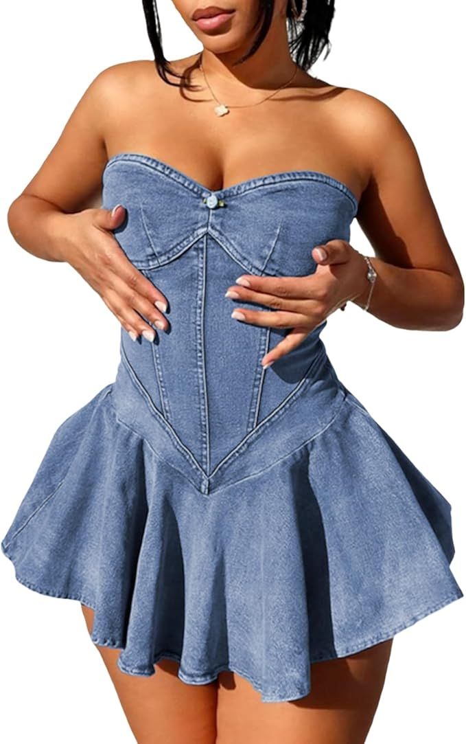 Women's Summer Denim Dress Sexy Strapless A Line Jean Dress Plated Bustier Corset Denim Mini Dres... | Amazon (US)