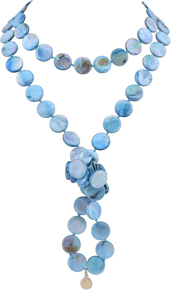 Firstmeet Flat Round Coin Shell Beads Long Knotted Necklace Natural Mother of Pearl Handmade Jewe... | Amazon (US)