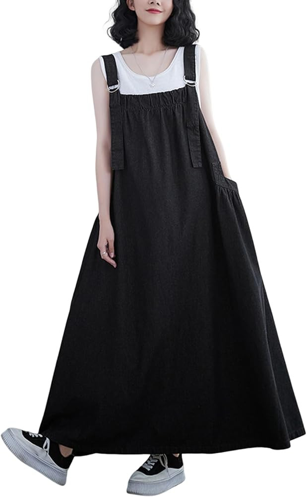 Women's Casual Loose Denim Dress Sleeveless Adjustable Straps Denim Jumper Dress with Pockets | Amazon (US)