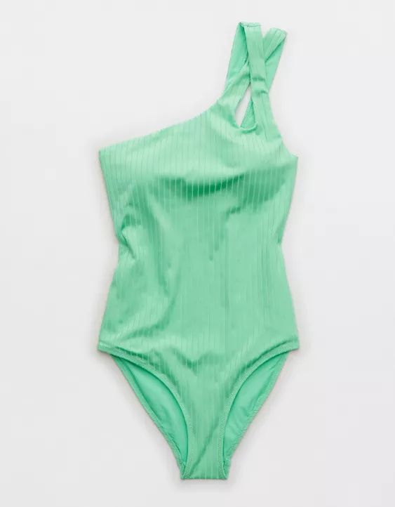 Aerie Ribbed Shine One Shoulder One Piece Swimsuit | Aerie