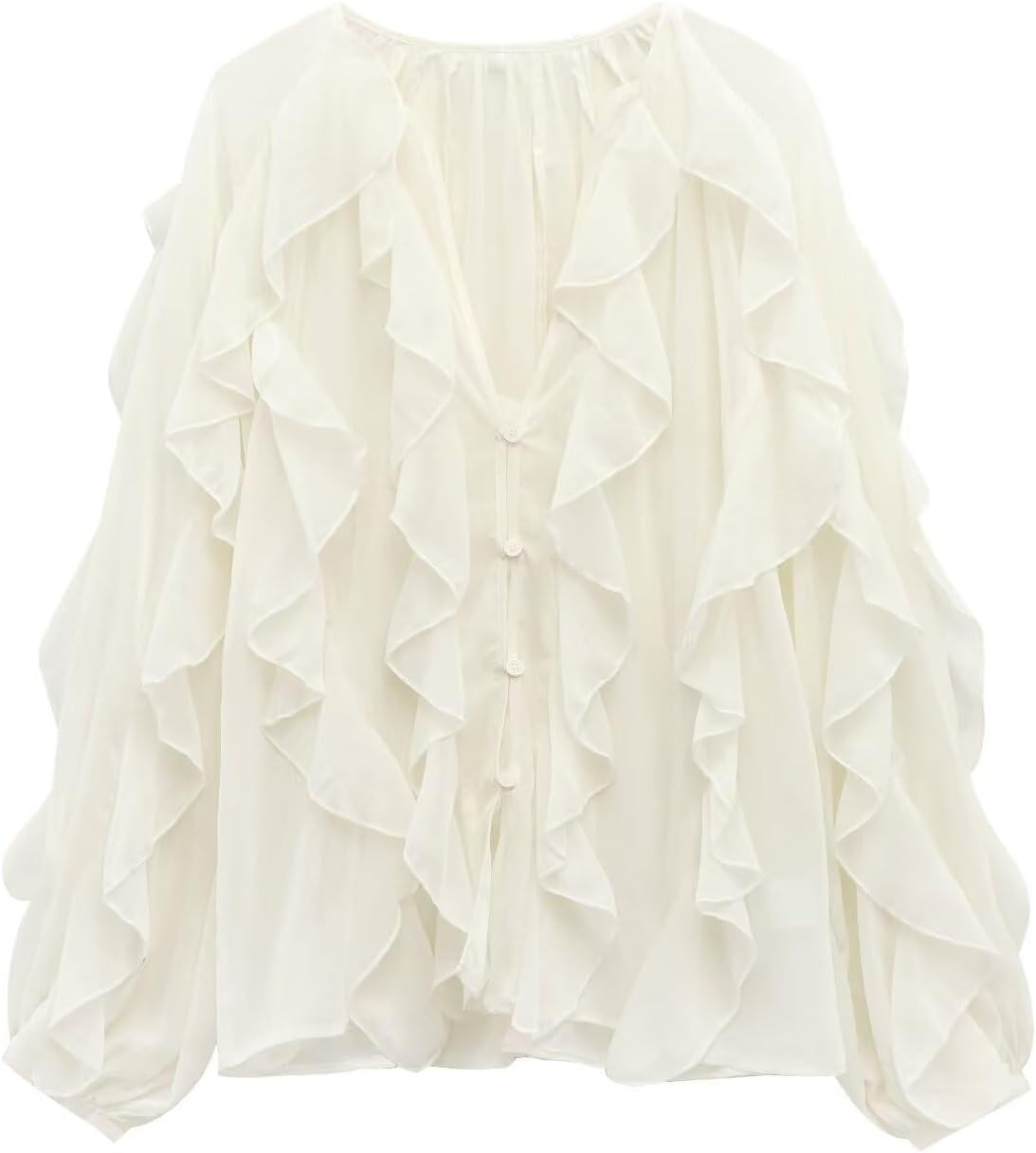 Womens Ruffle Chiffon Blouse V Neck Semi Sheer Long Sleeve Button Down Top | Amazon (US)
