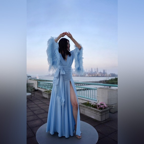 Bronx & Banco Blue Ostrich Feather Embellished Geisha Wrap Gown XS NWOT | Poshmark