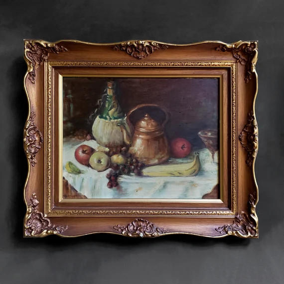Large Vintage Still Life Oil Painting  Fruit Copper Kettle | Etsy | Etsy (US)