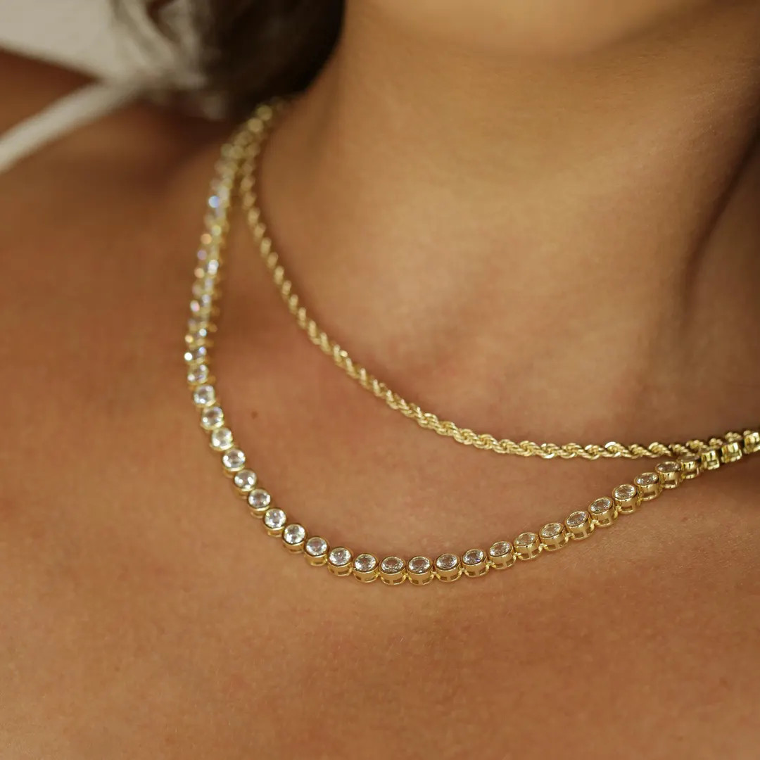 Round Bezel Tennis Necklace and Rope Chain Set | Round CZ Stone Necklace | Thin Twisted Rope Chai... | Etsy (US)