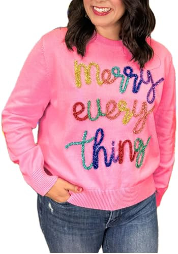 Merry Everything Christmas Sweaters for Women 2024 Funny Xmas Holiday Knitted Sweatshirts Glitter Embroidered Ugly Sweater Tops | Amazon (US)