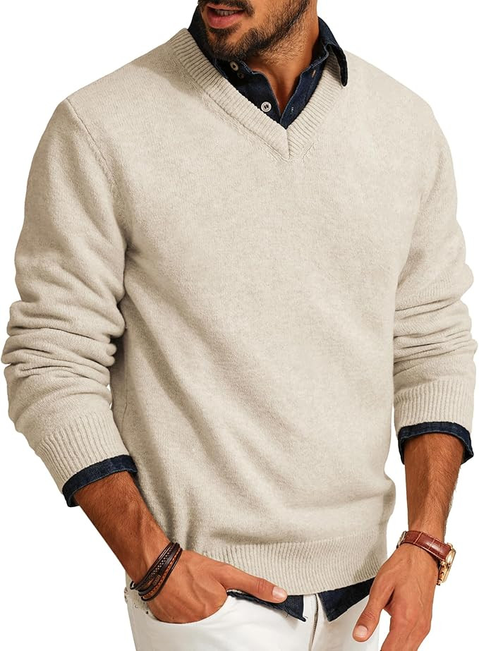 PJ PAUL JONES Mens V Neck Pullover Lightweight Wool Blend Long Sleeve Knit Sweater | Amazon (US)